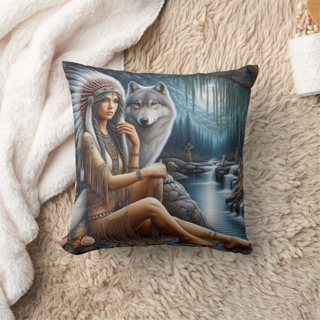 Native American Woman Sitting Beside Wolf at River Throw Pillow (Blanket)