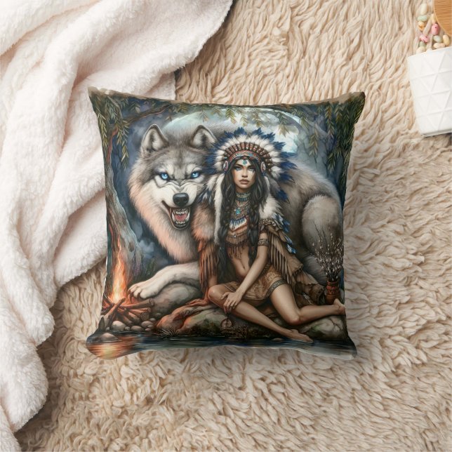 Native American Woman Sitting By A Wolf Fireside Throw Pillow (Blanket)