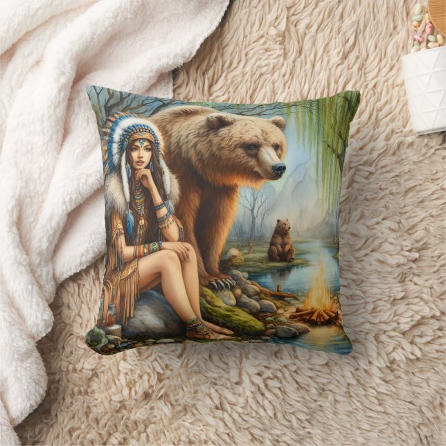 Native American Woman Sitting By Bear At Campfire Throw Pillow (Blanket)
