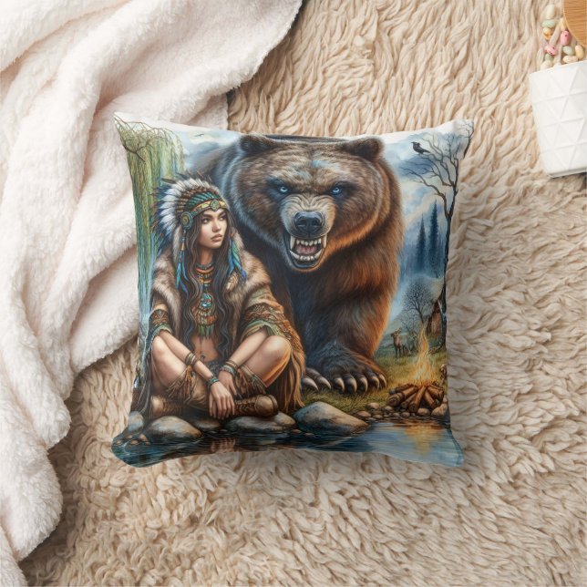 Native American Woman Sitting By Bear At Sunset Throw Pillow (Blanket)