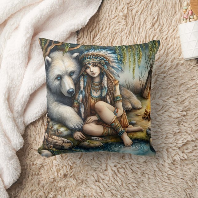 Native American Woman Sitting by Bear by Fire Throw Pillow (Blanket)