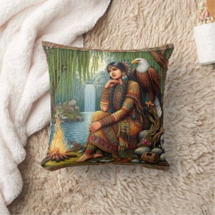 Native American Woman Sitting by Fire With Eagle Throw Pillow