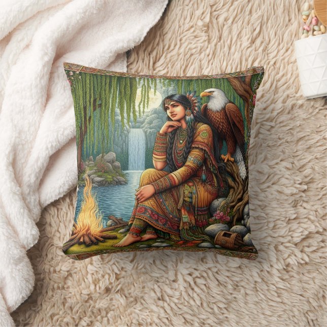 Native American Woman Sitting by Fire With Eagle Throw Pillow (Blanket)