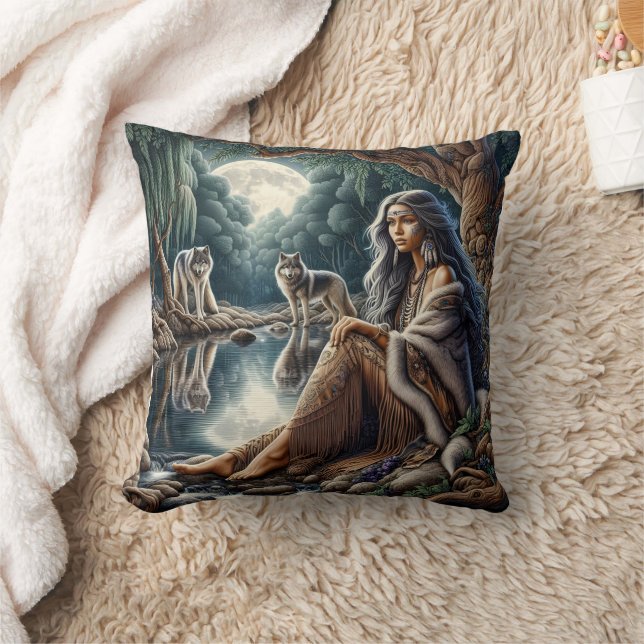 Native American Woman Sitting By Moonlit Water Throw Pillow (Blanket)