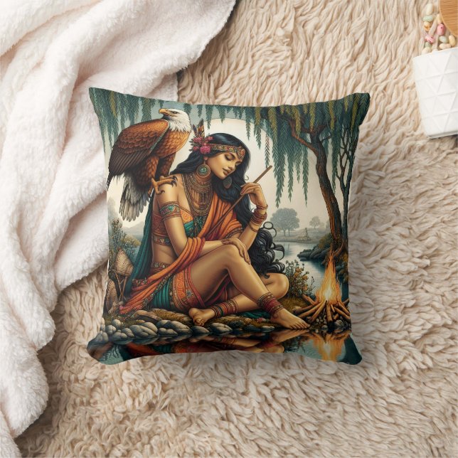 Native American Woman Sitting by River With Eagle Throw Pillow (Blanket)
