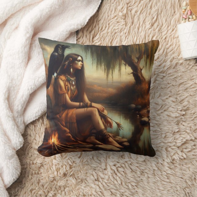 Native American Woman Sitting By River With Raven Throw Pillow (Blanket)
