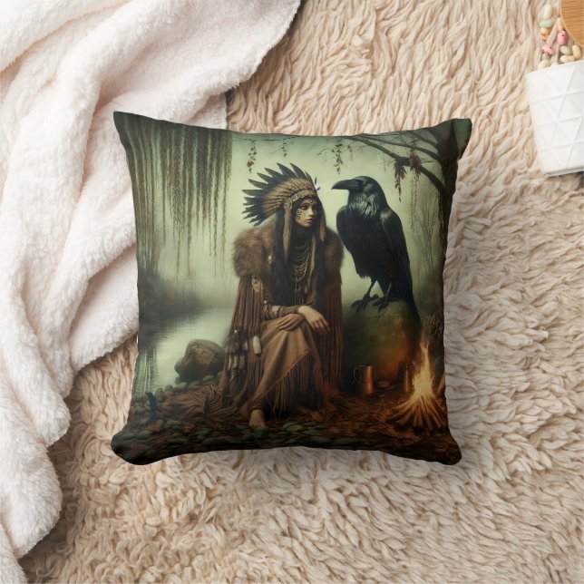 Native American Woman Sitting by River With Raven Throw Pillow (Blanket)