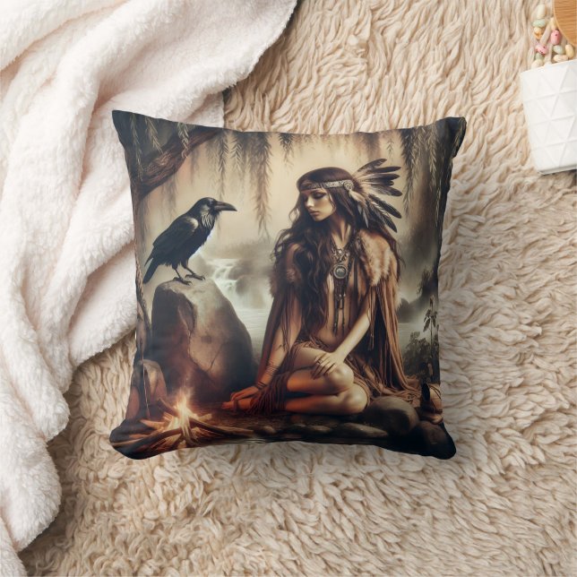 Native American Woman Sitting by River With Raven Throw Pillow (Blanket)