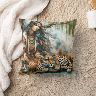 Native American Woman Sitting By River With Tiger Throw Pillow