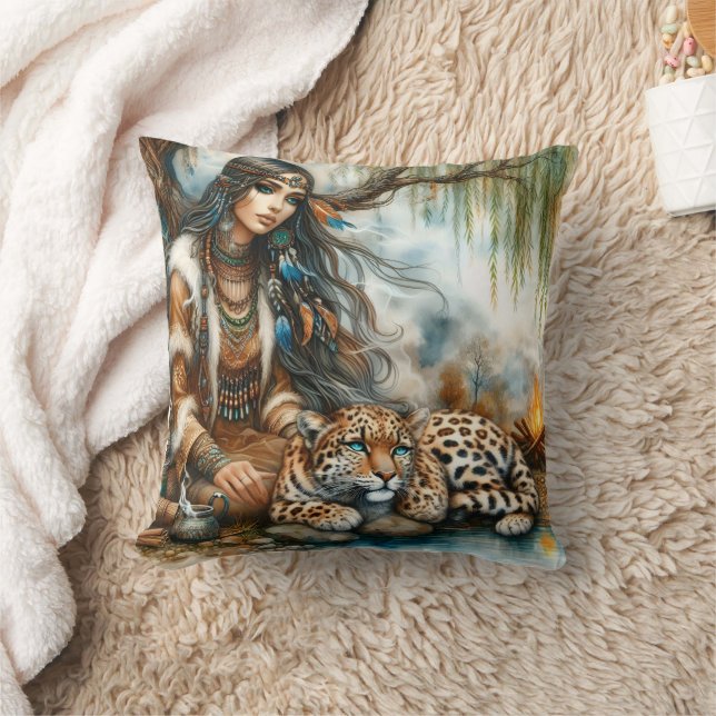 Native American Woman Sitting By River With Tiger Throw Pillow (Blanket)