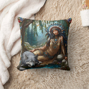 Native American Woman Sitting by River With Wolf Throw Pillow