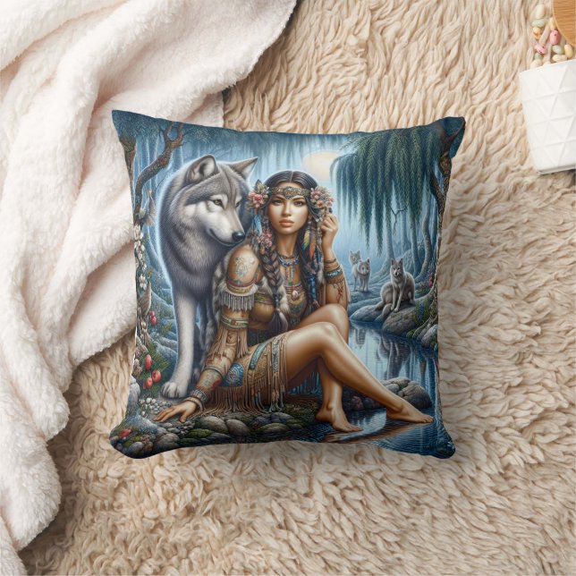 Native American Woman Sitting By River With Wolf Throw Pillow (Blanket)