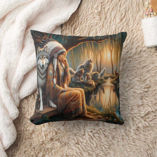 Native American Woman Sitting by River With Wolf Throw Pillow (Blanket)