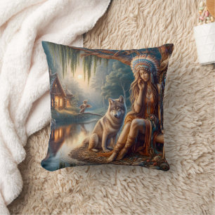 Native American Woman Sitting By River With Wolf Throw Pillow