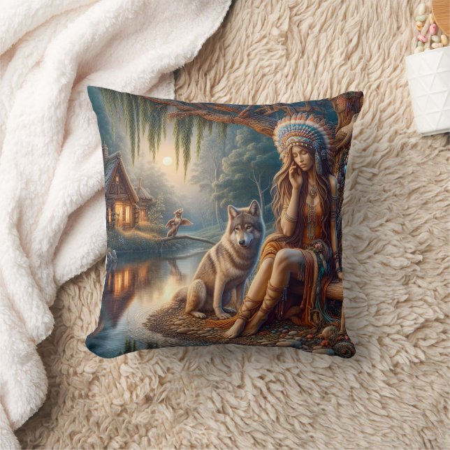 Native American Woman Sitting By River With Wolf Throw Pillow (Blanket)