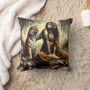 Native American Woman Sitting by Tiger in Nature Throw Pillow