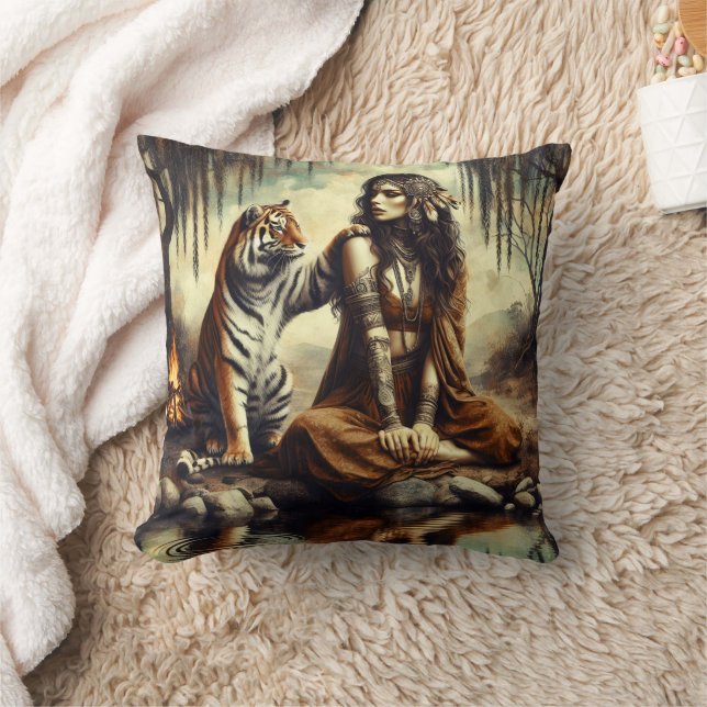 Native American Woman Sitting by Tiger in Nature Throw Pillow (Blanket)