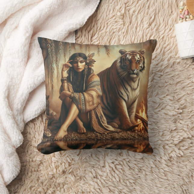 Native American Woman Sitting By Tiger Near Water Throw Pillow (Blanket)