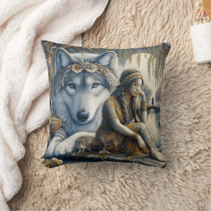 Native American Woman Sitting by Water With Wolf Throw Pillow