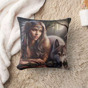 Native American Woman Sitting by Wolf at Night Throw Pillow