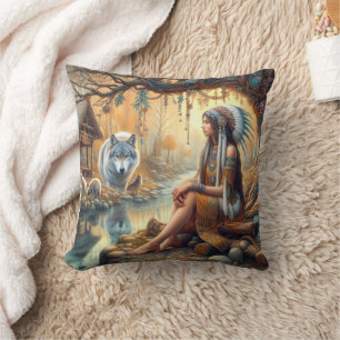 Native American Woman Sitting With A Wolf By Water Throw Pillow