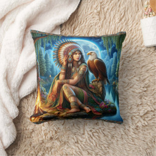 Native American Woman Sitting With Eagle By Water Throw Pillow