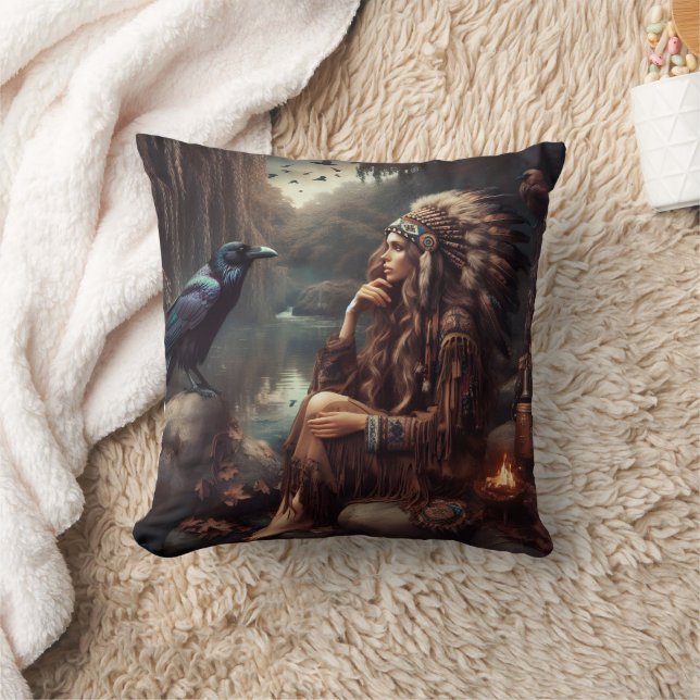 Native American Woman Sitting With Raven by Water Throw Pillow (Blanket)