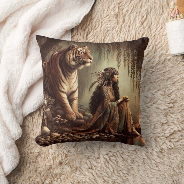 Native American Woman Sitting With Tiger By River Throw Pillow (Blanket)