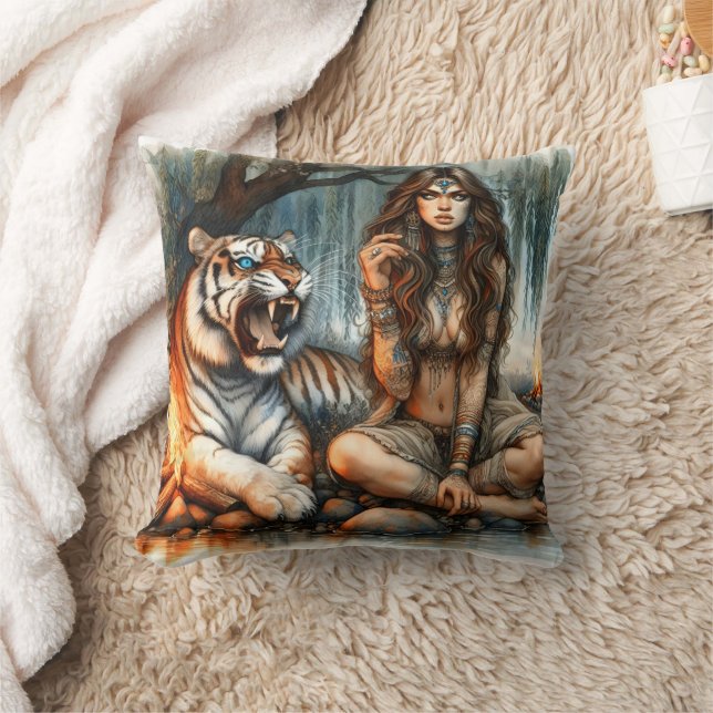 Native American Woman Sitting With Tiger By Water Throw Pillow (Blanket)