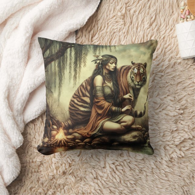 Native American Woman Sitting With Tiger by Water Throw Pillow (Blanket)