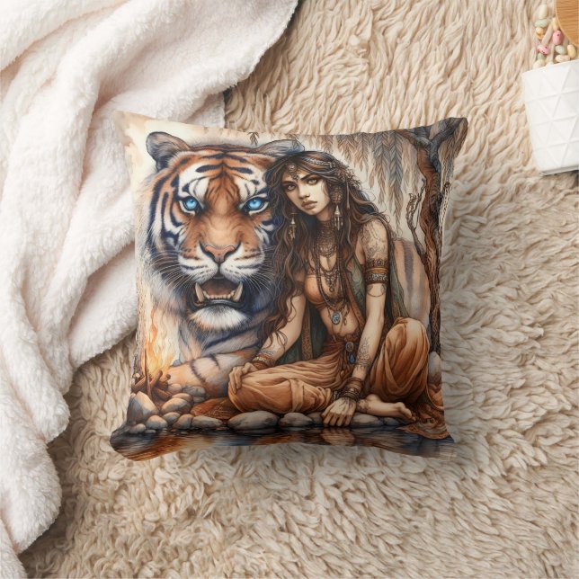 Native American Woman Sitting With Tiger by Water Throw Pillow (Blanket)