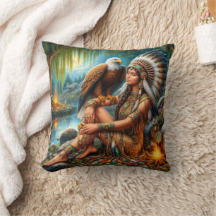 Native American Woman With Eagle by Tranquil Water Throw Pillow