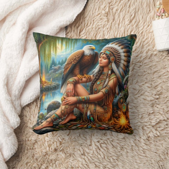 Native American Woman With Eagle by Tranquil Water Throw Pillow (Blanket)