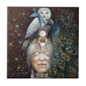 Native American Woman With Owl And Peacock Ceramic Tile by thatcrazyredhead at Zazzle