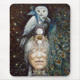 native american woman with owl and peacock mouse pad