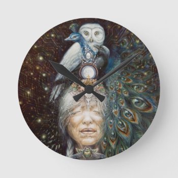 Native American Woman With Owl And Peacock Round Clock by thatcrazyredhead at Zazzle