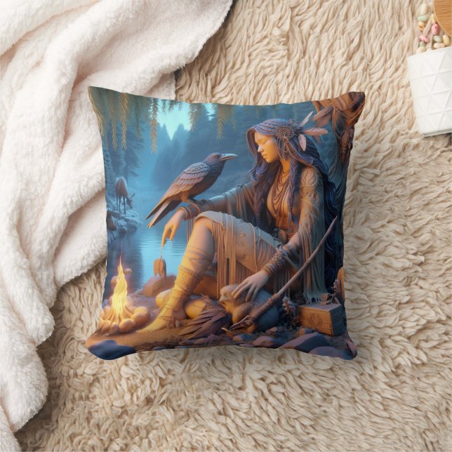 Native American Woman With Raven By The Fire Throw Pillow (Blanket)