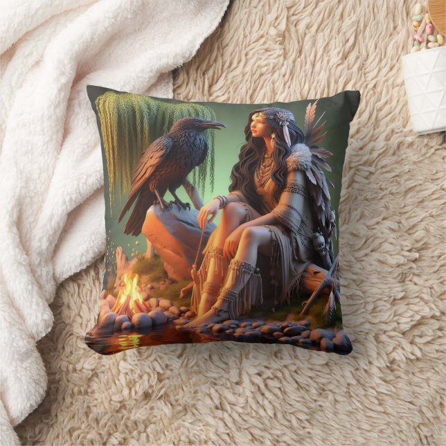 Native American Woman With Raven by Water at Dusk Throw Pillow (Blanket)
