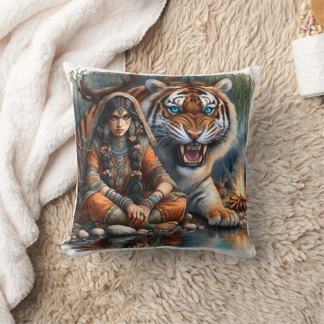 Native American Woman With Tiger by River at Dusk Throw Pillow (Blanket)