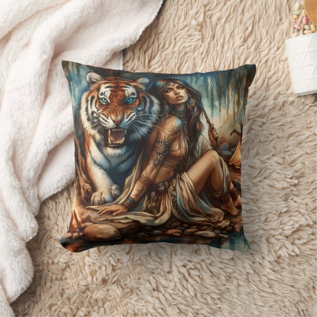 Native American Woman With Tiger Near Campfire Throw Pillow (Blanket)