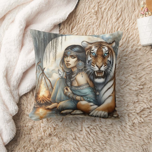 Native American Woman With Tiger Throw Pillow (Blanket)