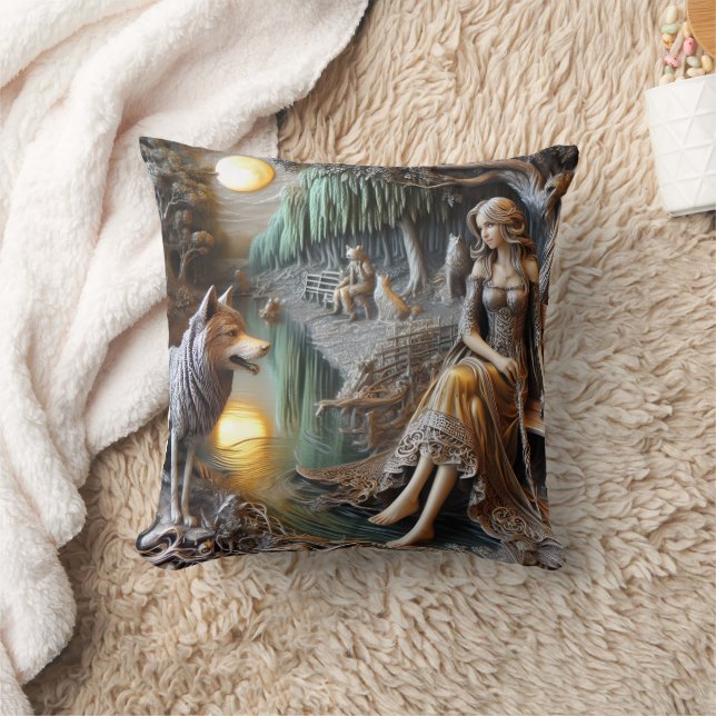 Native American Woman With Wolf by the River Throw Pillow (Blanket)