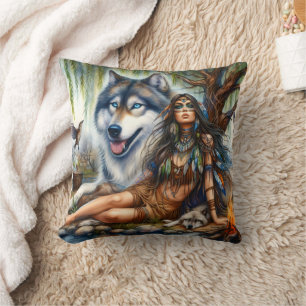 Native American Woman With Wolf By The River Throw Pillow