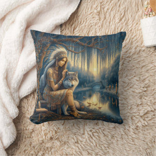 Native American Woman With Wolf by Tranquil River Throw Pillow