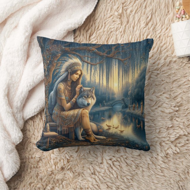 Native American Woman With Wolf by Tranquil River Throw Pillow (Blanket)