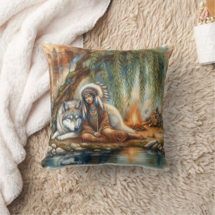 Native American Woman With Wolf by Tranquil Water Throw Pillow