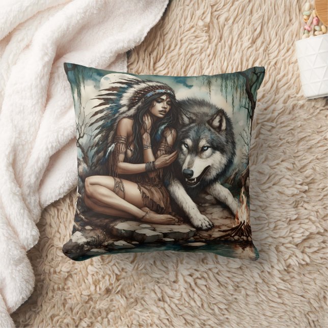 Native American Woman With Wolf Near Campfire Throw Pillow (Blanket)