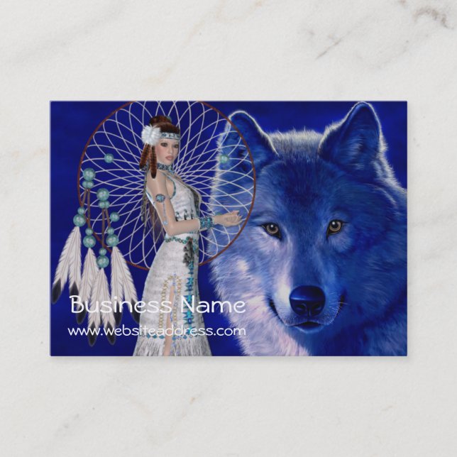 Native American Woman & Wolf D2 Business Cards (Front)