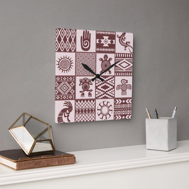 Native Americans Ethnic Symbols Brown Pattern Square Wall Clock (Office)
