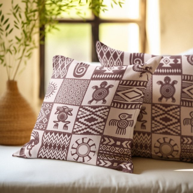 Native Americans Ethnic Symbols Brown Pattern Throw Pillow (Creator Uploaded)